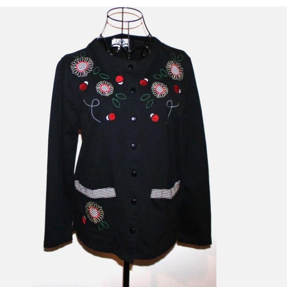 Ladybug & Floral Embroidery Black Sweater CK Designs Petite Sz S 1990's Jacket